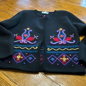 Doncaster Sport vintage wool cardigan.  Embroidered. Made in Hong Kong. Small.